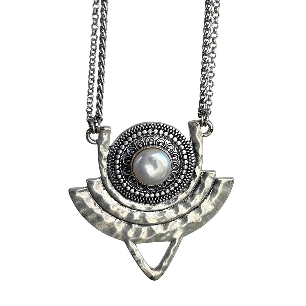 Lucky Brand Hammered Silver Statement Necklace | Mother of Pearl Double Chain